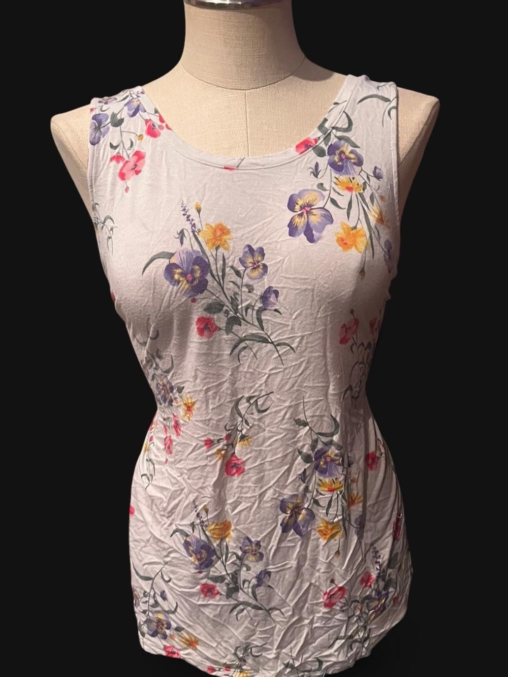 Old Navy White Floral Sleeveless Tank with Purple, Yellow & Pink Blooms